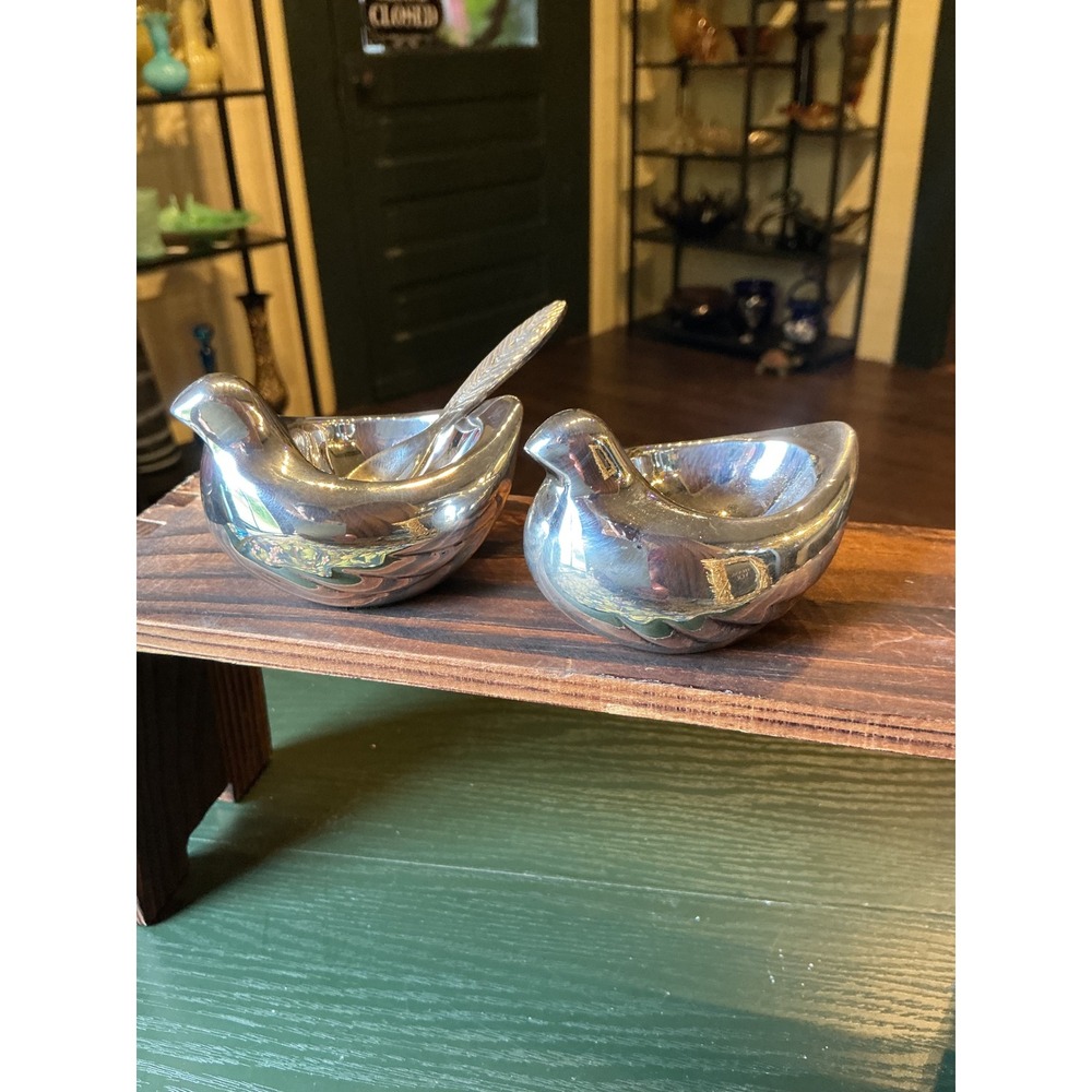 Pottery Barn Silver Tone Dove Salt Cellar with Feather Spoon 3 Piece Set